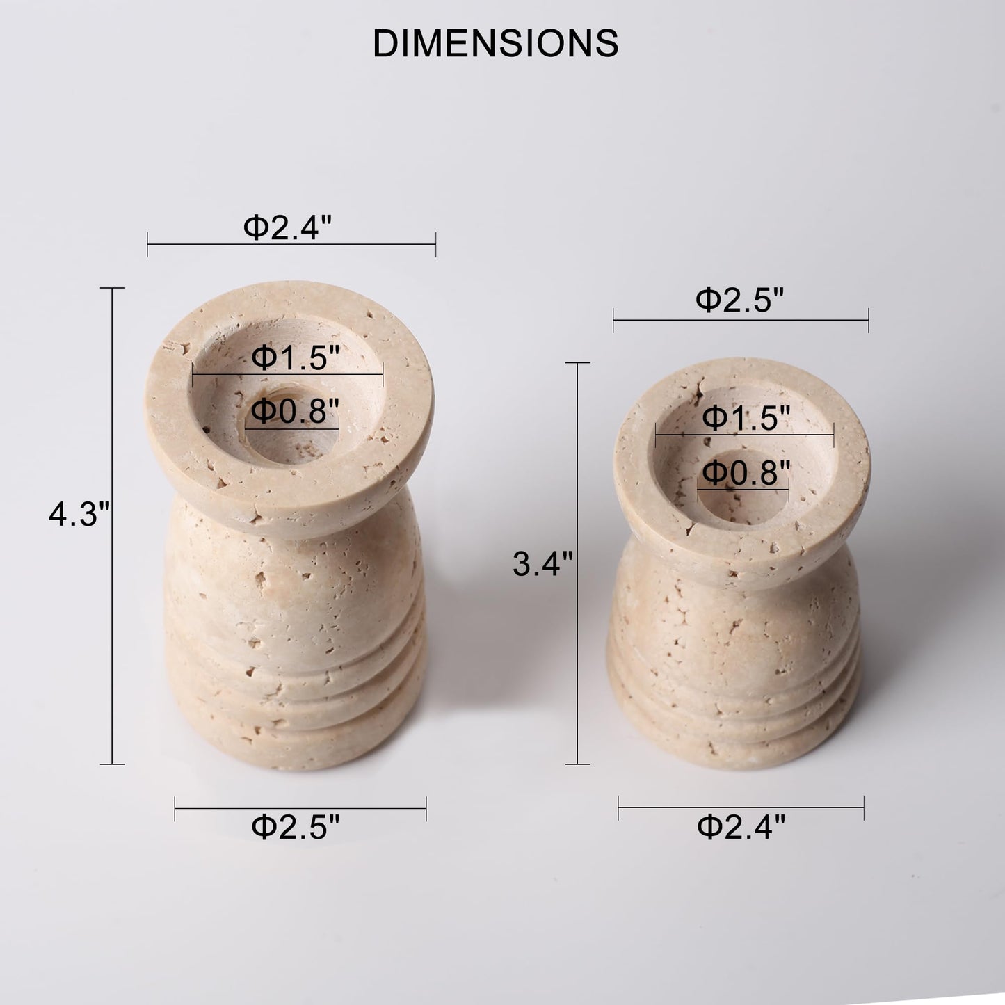 WORHE Candle Holders Italy True Natural Travertine Stone Set of 2 Premium Marble Candlestick Holder for Wedding Dinning Party Candle Stand for Dia 3/4" Taper Pillar Candles Color Beige (CH6065YL)