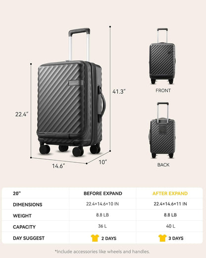 Carry On Luggage with Front Compartment and Cup Holder, KVF Expandable PC Hard Shell Suitcase with Front Pocket (FX-Plus, Midnight Blue, 2-Piece (20/Tote))