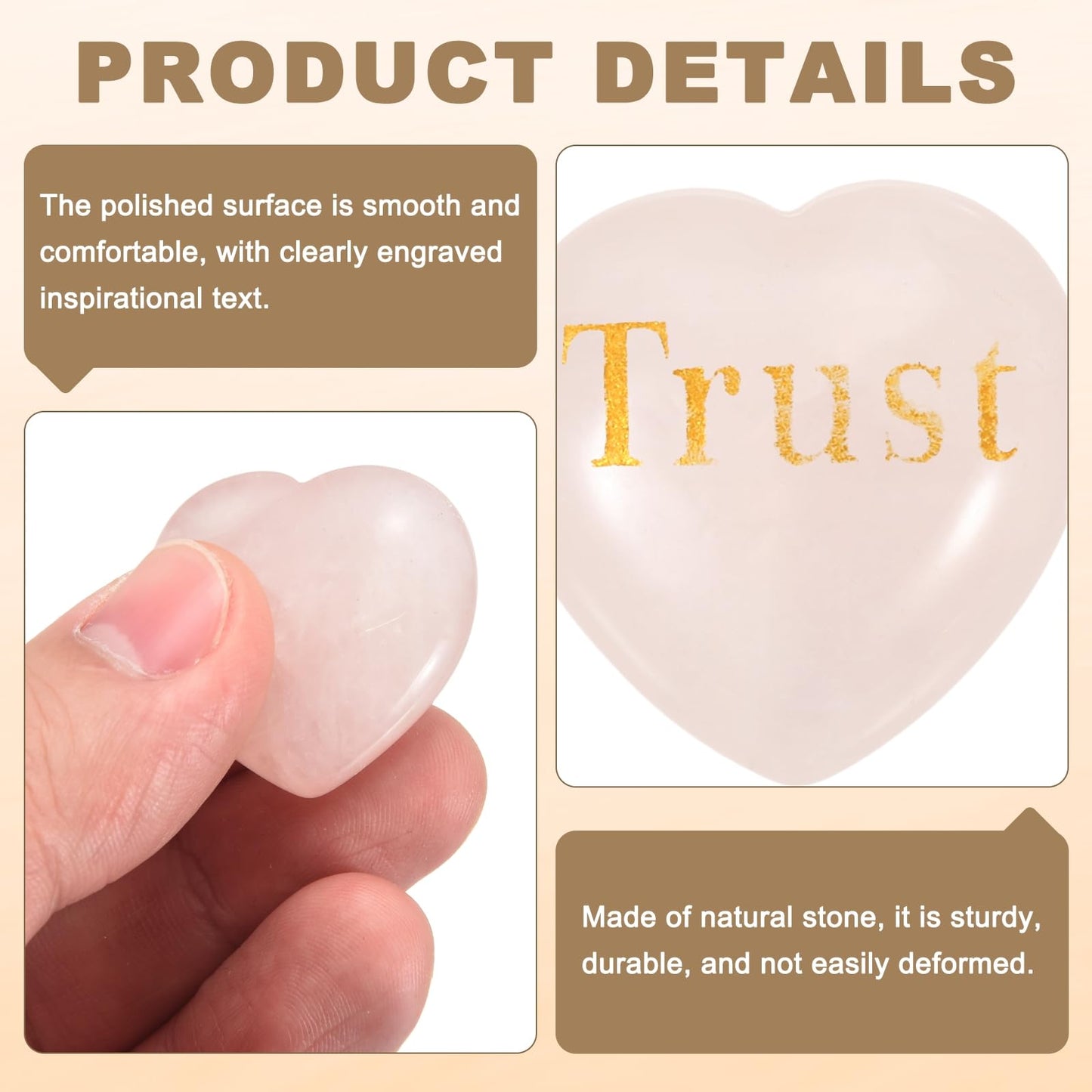 PATIKIL 2Pcs Natural Heart Shaped Crystal Stone, 1.2" Love Worry Stone with Inspirational Words, Pocket Rock Anxiety Crystals for Women Stress Gifts Meditation, Pink(Trust)