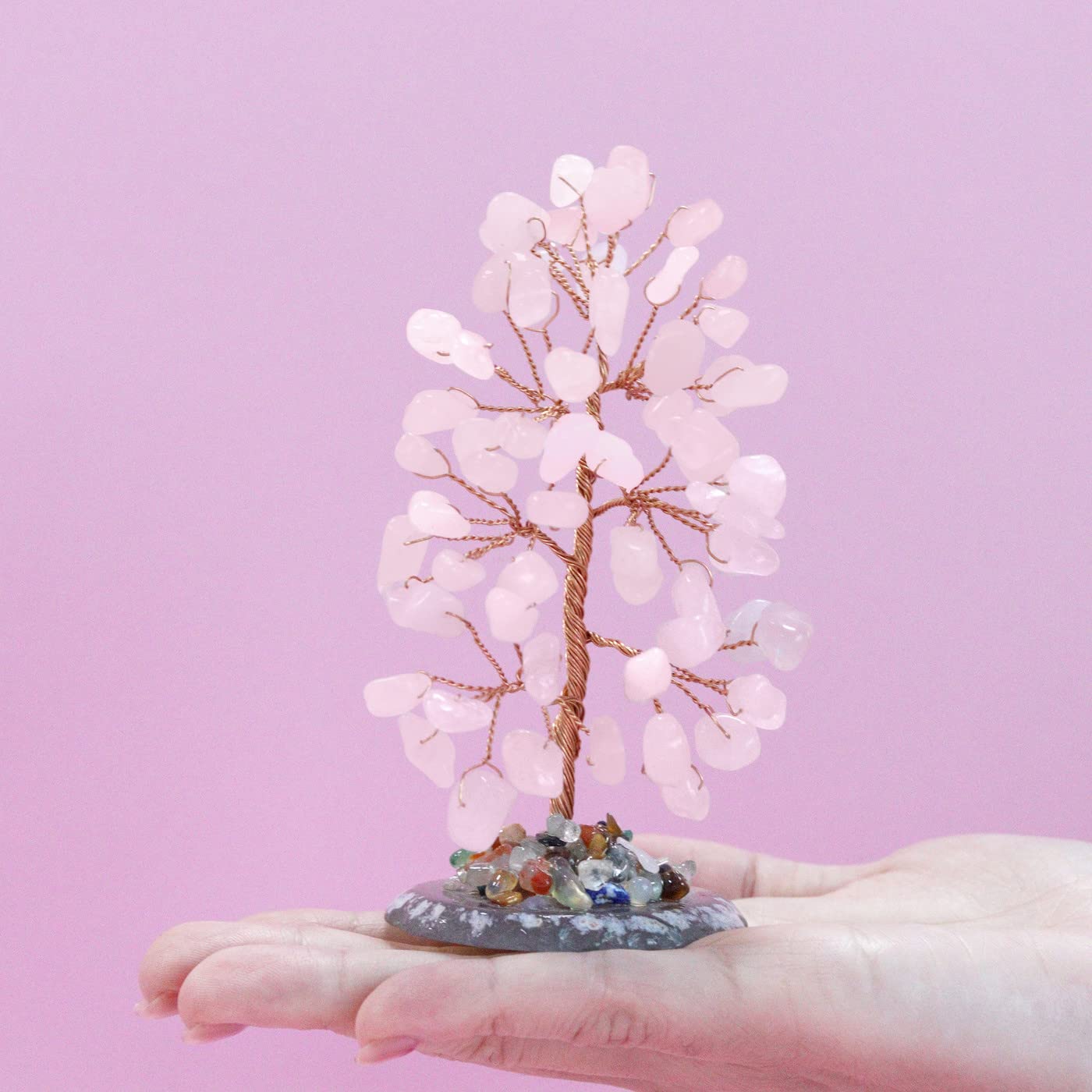 2" Rose Quartz Elephant Decor and Crystal Tree of Life Healing Crystal Cute Polished Natural Stone Hand-Carved Statue Figurines Energy Hippie Home Room Office Desk Decoration Gifts for Women Men