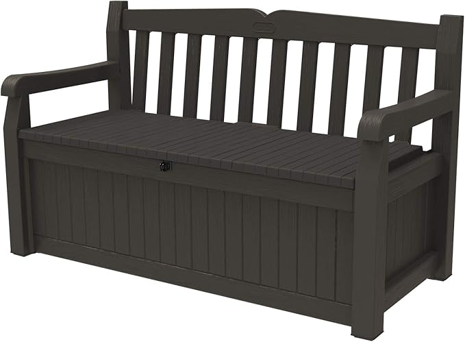 Keter Solana 70 Gallon Storage Bench Deck Box for Patio Furniture, Front Porch Decor and Outdoor Seating – Perfect to Store Garden Tools, Brown/Brown