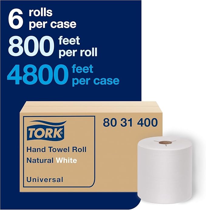 Tork Hand Towel Roll Natural White H80, 100% Recycled Fiber, 6 Rolls x 800 ft