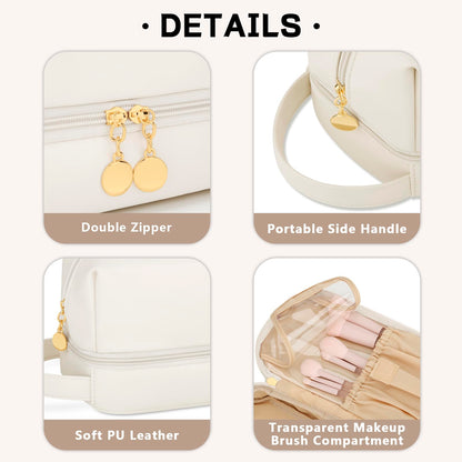 CLOUDWINGS Initial Makeup Bag for Women - Personalized Double Layer Cosmetic Bags with Makeup Brush Organizer, Hanging Travel Toiletry Bag with Large Capacity, Gifts for Mom Girlfriend Wife（Beige M）