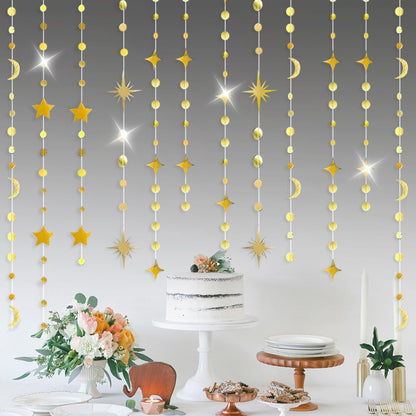 92FT Gold Moon Star Garland, Sparkly Crescent Moon & Star Hanging Decor for Ramadan Eid Mubarak, Birthday Party Supplies, Wedding Baby Shower Decorations, Photo Booth Props