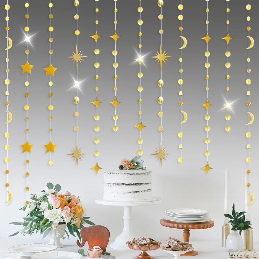 92FT Gold Moon Star Garland, Sparkly Crescent Moon & Star Hanging Decor for Ramadan Eid Mubarak, Birthday Party Supplies, Wedding Baby Shower Decorations, Photo Booth Props