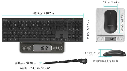 Arteck 2.4G Wireless Keyboard and Mouse Combo Stainless Steel Ultra Slim Full Size Keyboard and Ergonomic Mice for Computer Desktop PC Laptop and Windows 10/8/7 Build in Rechargeable Battery