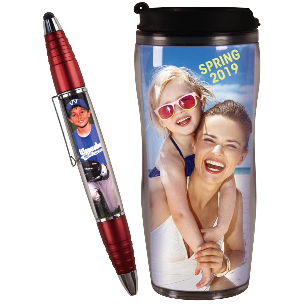 Mug + Red PixStylus = DIY Gift Combo - Create Your Own Custom Photo Travel Mug and Stylus – Insert Your Own Photos or Create and Print Inserts Online
