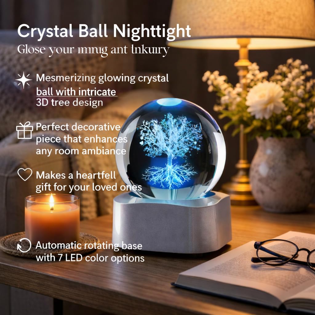 Zerelys 3D Tree of Life Crystal Ball Night Light for Women Men Boys Girls, 3.15 Inch LED Crystal Lamp with Automatic Rotating Light Led Base, Birthday Gift for Kids, Bedroom Decor with Gift Box