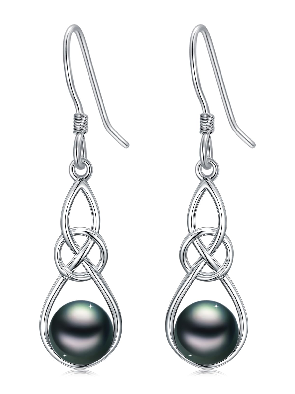KANNSOAR Tahitian Black Pearl 18K 6MM AAAA White Gold Plated Sterling Silver Celtic Knot Dangle Drop Earrings for Women Wife Mom Girlfriend Valentine Jewelry Gift for Wedding Anniversary Birthday