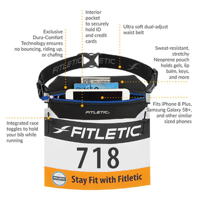 Fitletic Neo Race Belt, Black | Unique No Bounce Design for Marathon, Triathlon, Trail, 5k, 10k | Running Belt | N01R-01