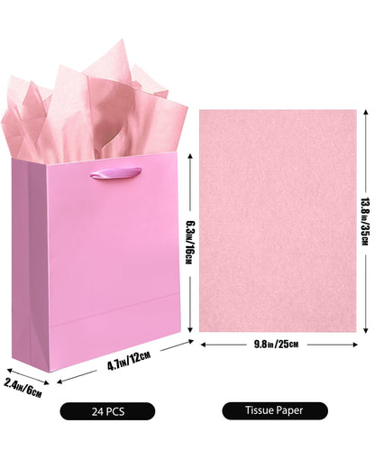 qiqee 24pcs Pink Gift Bags with Tissue Paper for Wedding, Birthday, Party Supplies-4.7"x6.3"x2.4" Small Size Cardboard Gift Bags（24pcs Bags + Tissue Paper ）