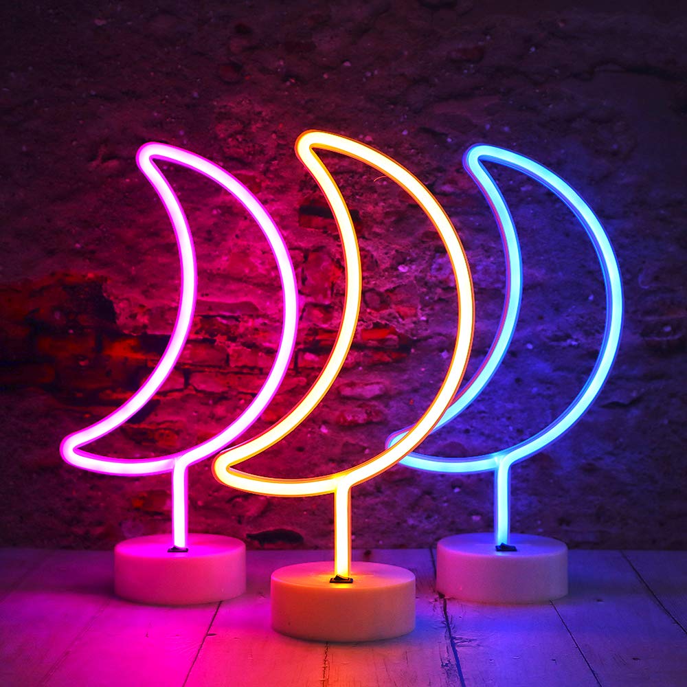 Vicila LED Moon Neon Signs, Crescent Night Lights Ramadan Decor USB Battery Operated Moon Lamp for Birthday Party, Wedding, Halloween, Christmas Decorations-Holder Base(Warm White)