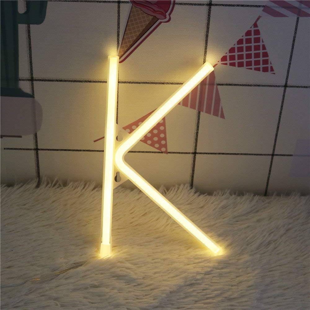 ENUOLI Neon Letter Sign Night Lights LED Warm White Alphabet Neon Art Lights Battery/USB Operated Neon Wall Decor Light up Words for Wedding Birthday Party Christmas Home Bar Decoration (K)
