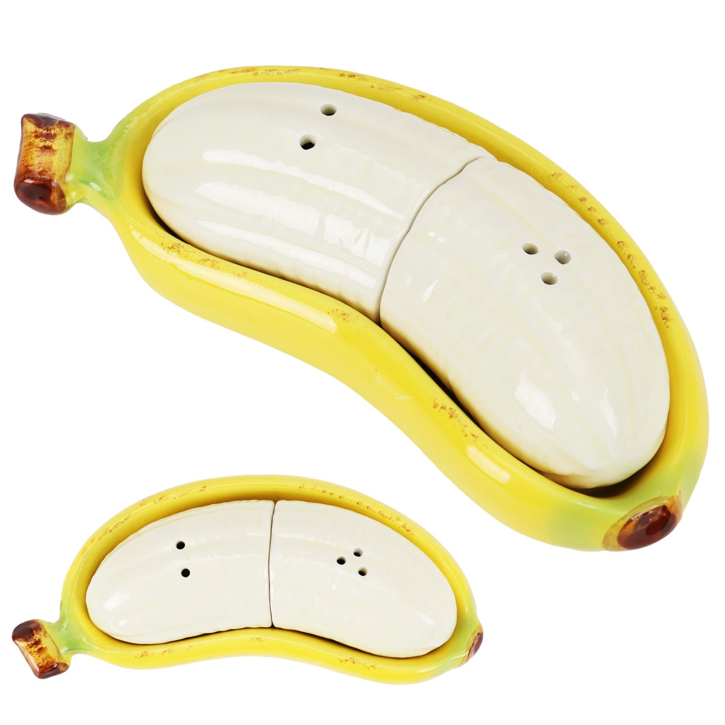 Banana Salt and Pepper Shakers Set with Banana Boat Tray – Hand-Painted Ceramic Kitchen Decor, Cute Fruit Tableware, Fun Tropical Dining Accessory, Unique Gift for Home (1 Pack)