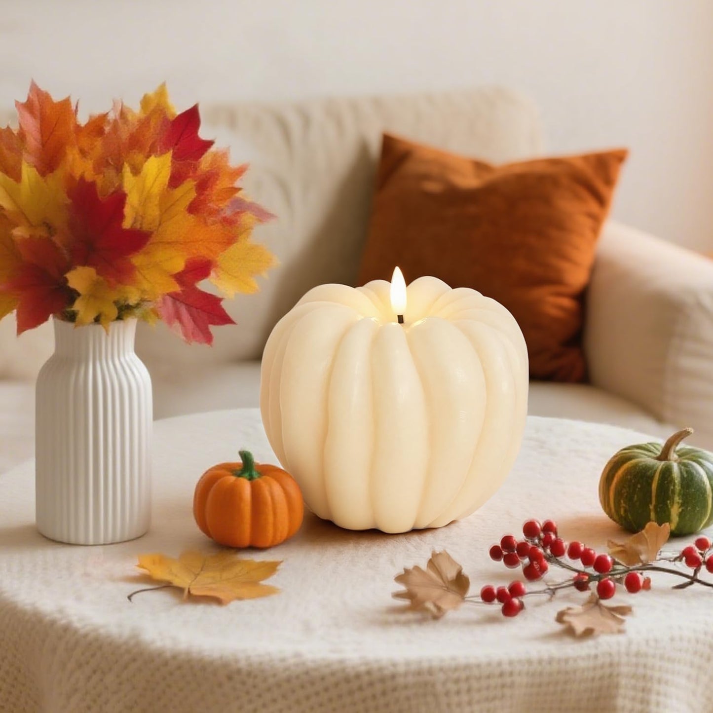 Flameless Pumpkin Candles with Timer - Fall Home Decor Indoor, LED Light Up Pumpkins for Mantel Table | Flameless Candle Thanksgiving Fall Decoration, Autumn Farmhouse Rustic Harvest Decor (White)