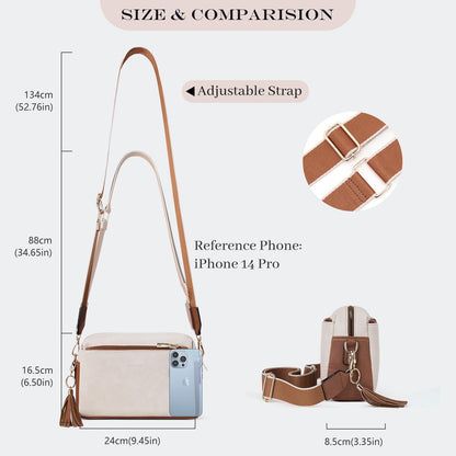 Roulens Triple Zip Small Crossbody Bag for women,Wide Strap Cell Phone Purse Shoulder Handbag Wallet with Credit Card Slots