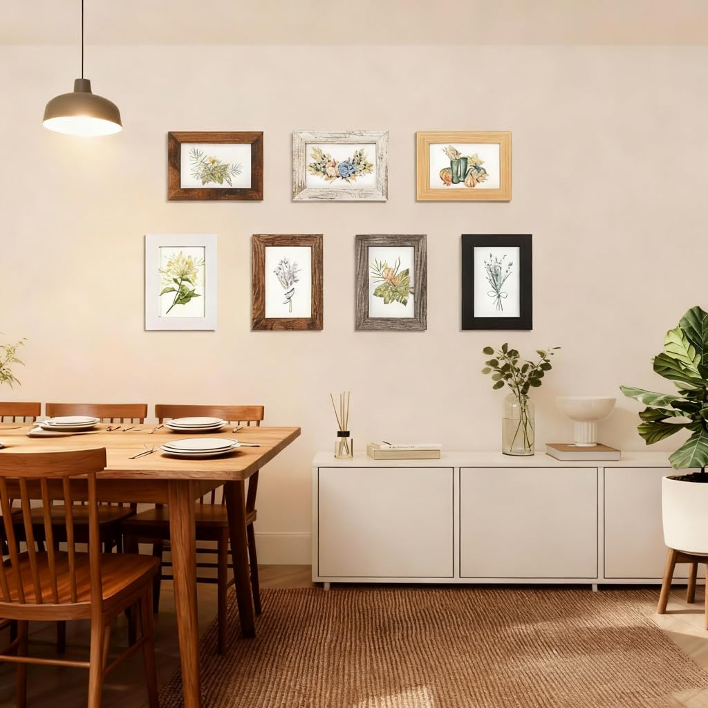 PETAFLOP 4x6 Frame Set of 7, 4x6 Picture Frame in Multi Colors, Rustic Wooden Frames for Tabletop and Wall Mounting Display