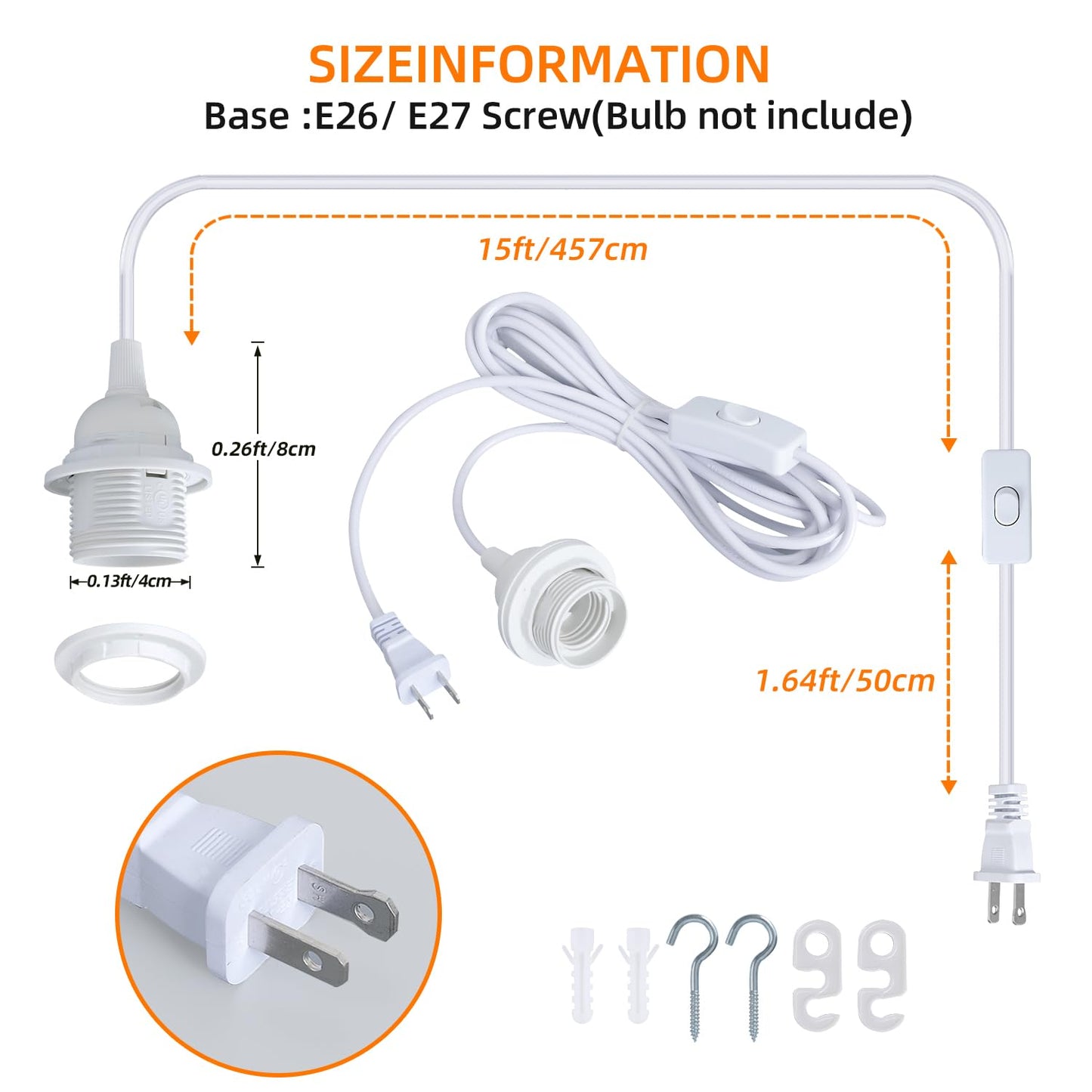 2 Pack Hanging Light Cord, 16FT E26 Plug in Pendant Light Cord with ONOFF Switch, Hanging Light Kit Light Socket Hanging Paper Lantern Light