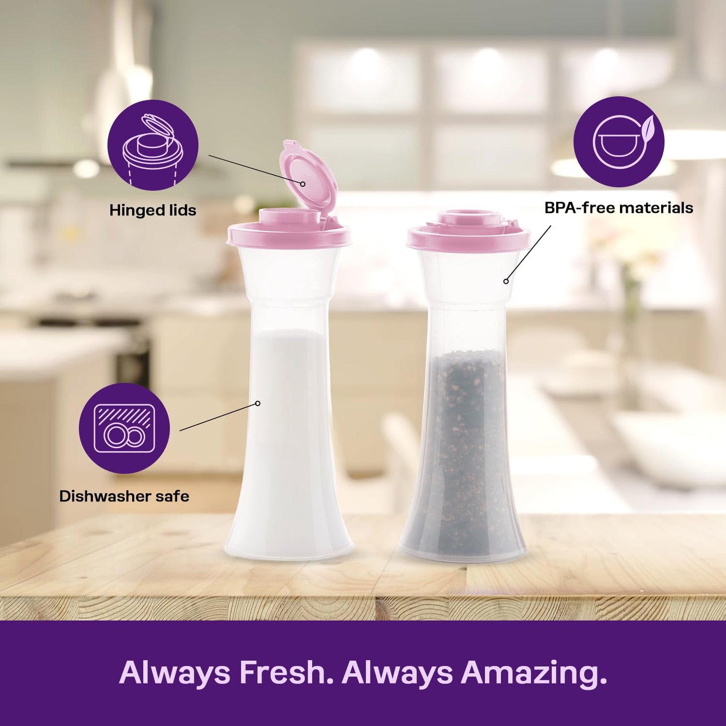 Tupperware Hourglass Salt and Pepper 2-Shaker Set in Purple, Liquid Tight Lids, BPA-Free, Dishwasher Safe