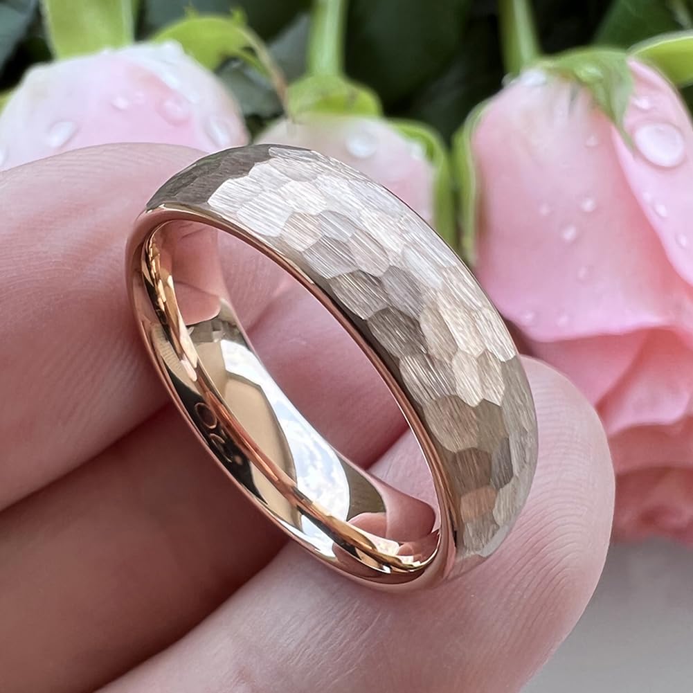 TUTISS 6mm Rose Gold Hammered Tungsten Rings for Men Women Engagement Wedding Bands Domed I Love You Engraved Comfort Fit Size 6