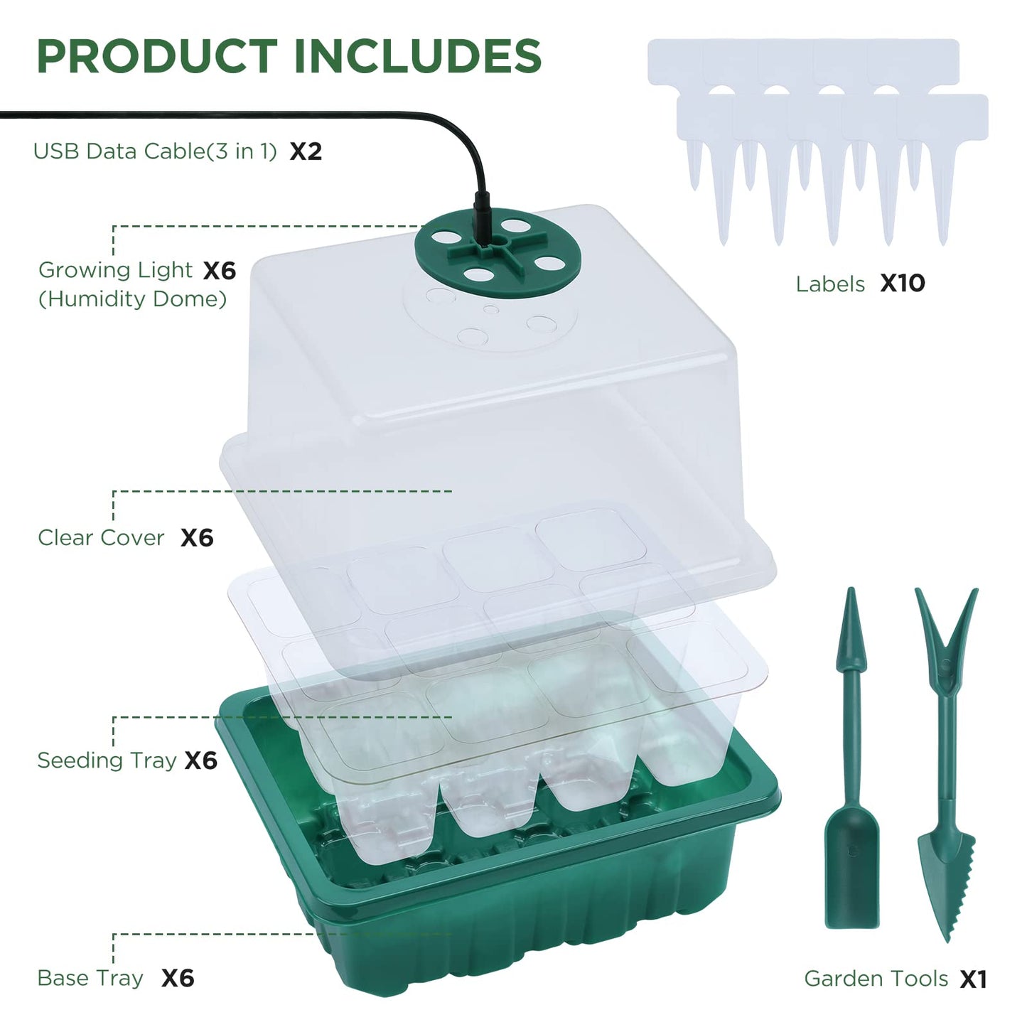 Seedfactor Seed Starter Tray with Light, 6PCS Seed Starter Kit with Grow Light, Seedling Starter Trays with Humidity Domes, Covers Height 3.9", Indoor Gardening Plant Germination Trays