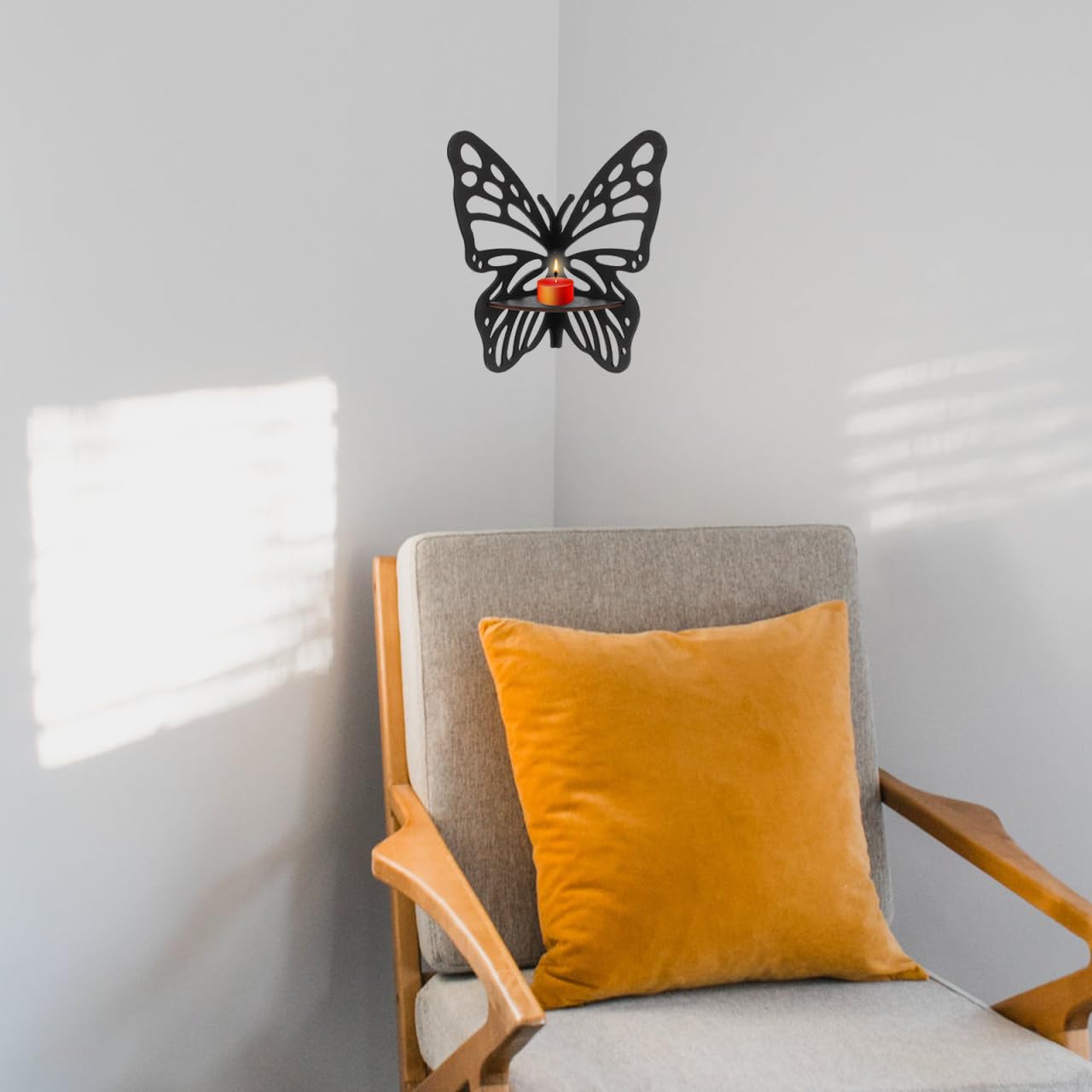 HOOTNEE Butterfly Corner Wall Shelf 11.22X8.85In Wooden Floating Display Rack for Crystal Stones Ornaments and Home Decor Accent