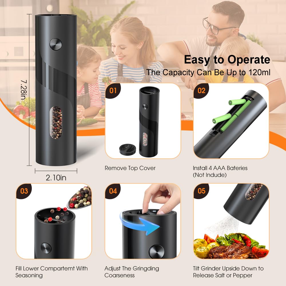 JIDSPWLS Electric Pepper or Salt Grinder Mill,Automatic Pepper Mill with LED Light,Battery Powered Automatic Pepper Grinder,Refillable and djustable CoarsAeness Pepper Grinder(1 pack Black)