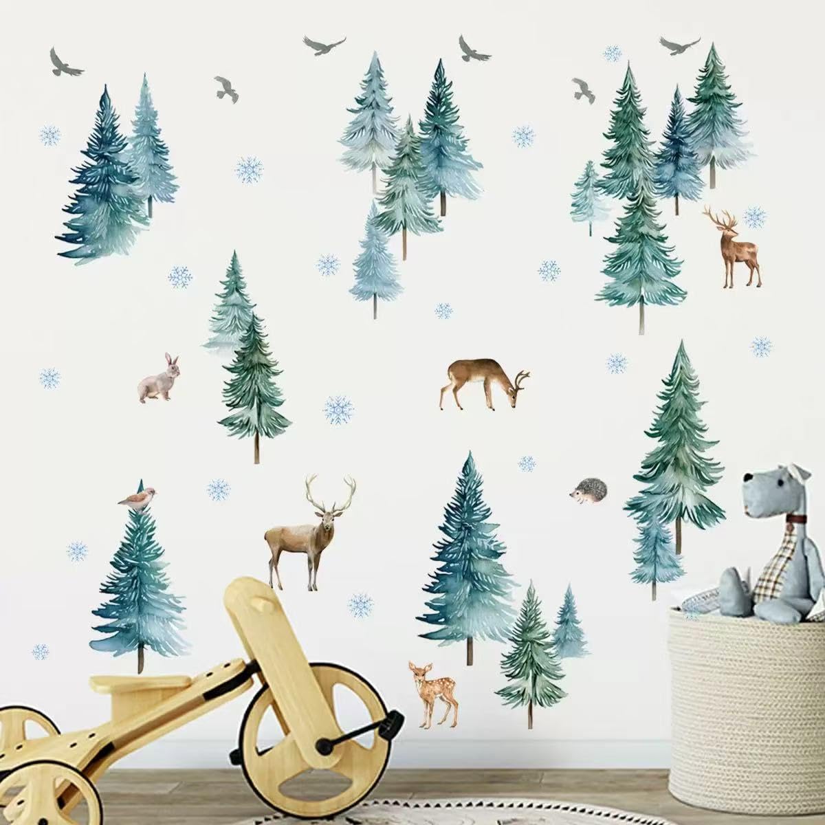 MuralMood Large Christmas Tree Wall Stickers， Pine Tree Forest Deer Elk Kids Bedroom Holiday Decor，Xmas Snowflakes Woodland Animals Birch Birds for Nursery Living Room Offices Home Bedroom