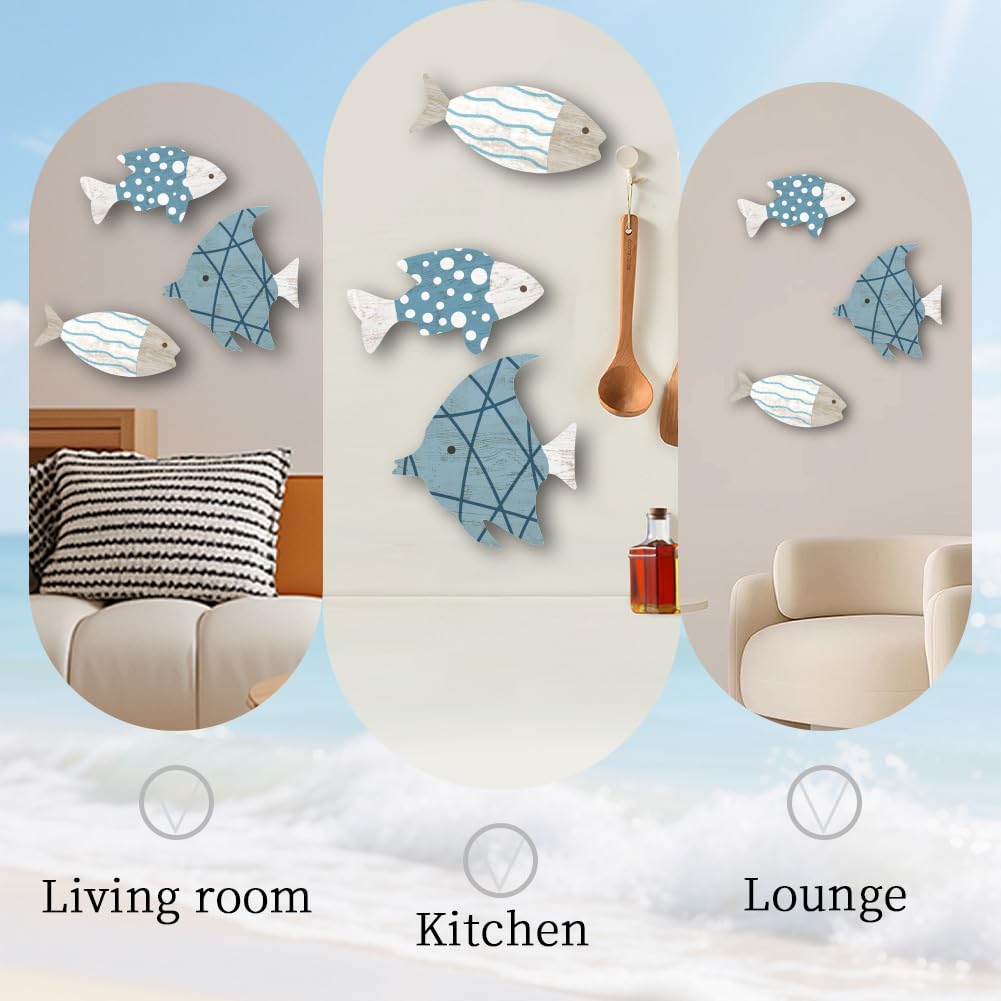 PRESSINART 3 Pcs Wooden Fish Wall Decor Sea Wall Sculptures Fishs Ocean Theme Hanging Art Signs for Lake House Restaurants Shop Bedroom Bathroom Dining Room Kitchen Home Office Garden Decorations