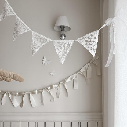 Eanjia Bow Knot Garland | 6ft Linking Satin Bow Banner with 3ft Extend Ribbon for Coquette Bachelorette Party, Baby Shower,Bridal Shower Wedding Baby Room Bed Decor (Lace Pennant Banner, 4.9ft)