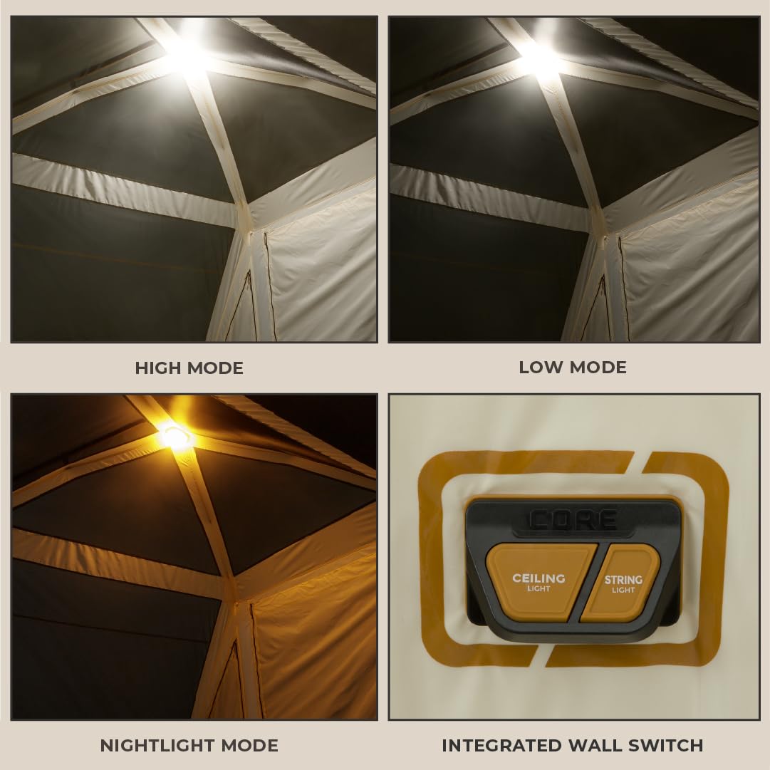 CORE 6 Person Instant Cabin Tent with LED Lights | Large Family Lighted Pop Up Tent with Carry Bag for Camping, Glamping, and Backyard Adventures | Included Storage Pockets for Camp Accessories