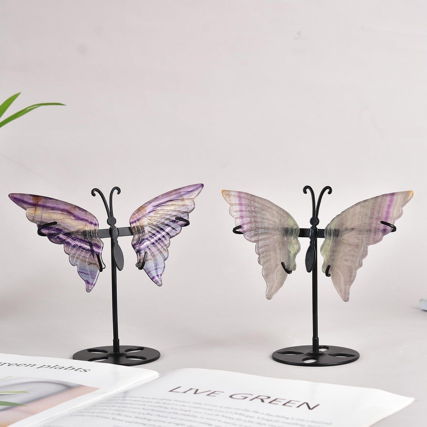 JIC Gem Rainbow Fluorite Crystal Butterfly Art Angel Wings Sculpture Carving,Healing Crystal Butterfly Ornaments Energy Decorative Stone Reiki Gifts (1pair, 10cm)