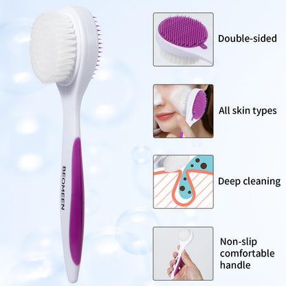 2 Pack Facial Cleansing Brush 2 in 1 for Face Exfoliation, Soft Bamboo Charcoal Microfiber Bristle Dual Face Silicone Scrubber Brush for Pore Deep Cleansing Skincare with Lid, Black+Gradient