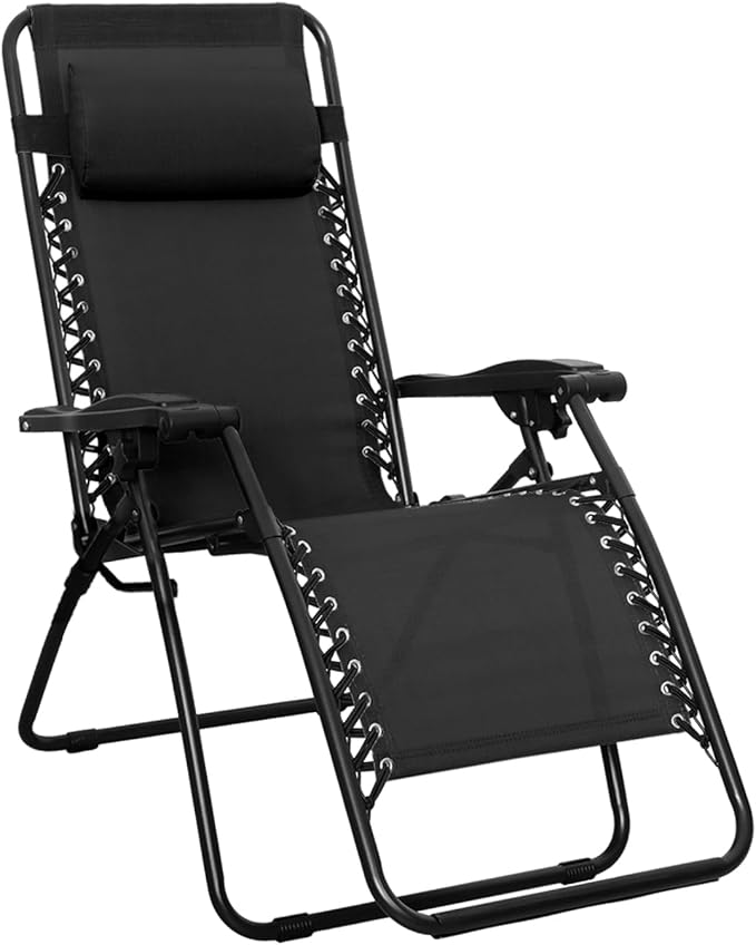 Amazon Basics Outdoor Patio Zero Gravity Portable Folding Reclining Lounge Chair with Padded Headrest Pillow, Weather Resistant Textilene, 26", Black