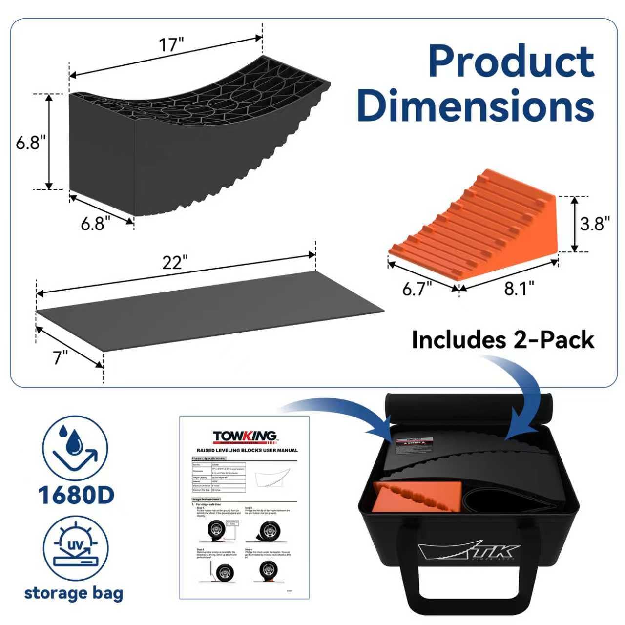 TOWKING Curved Leveling Blocks, 6" Lift, 35,000 lbs, Raised Tire Change Ramp, 2-Pack Heavy Duty Camper Leveler System, Perfect for 5th Wheels, Class A Motorhomes, and Wide-Axle Trailer