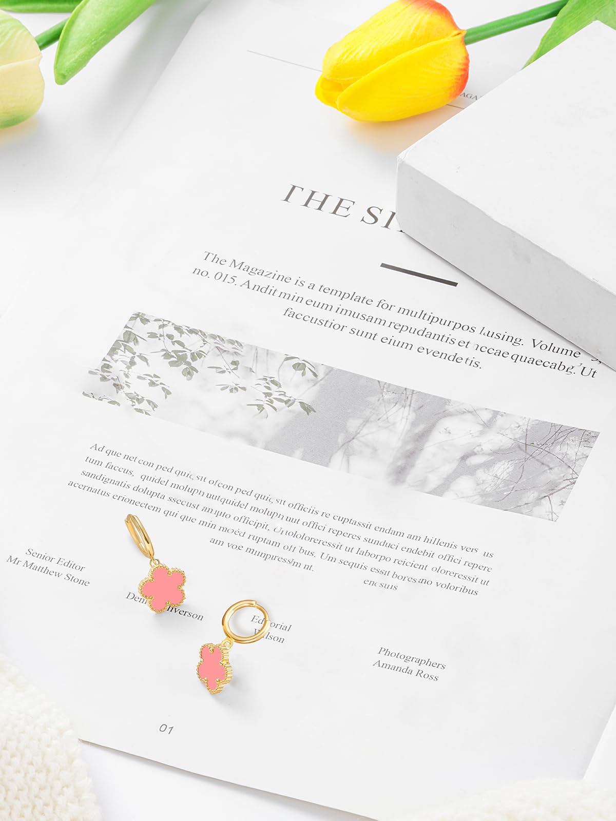Gold Plated Five Leaf Clover Dangle Dot Earrings for Women Lucky Flower Jewelry (Pink-14K Gold Plated)