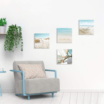 SD SOFT DANCE Beach Picture Coastal Artwork Painting: Bottle & Sailboat Blue Ocean Seascape Wall Art Canvas for Living Room (12” x 12” x 4 Panels) Visit the Store