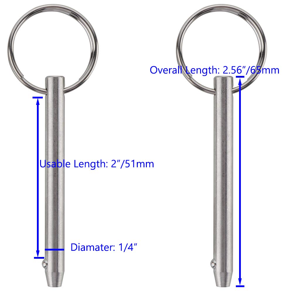 2 Pack Quick Release Pin, Diameter 1/4"(6.3mm), Overall Length 2.56"(65mm), Usable Length 2"(51mm), Full 316 Stainless Steel, Bimini Top Pin, Marine Hardware