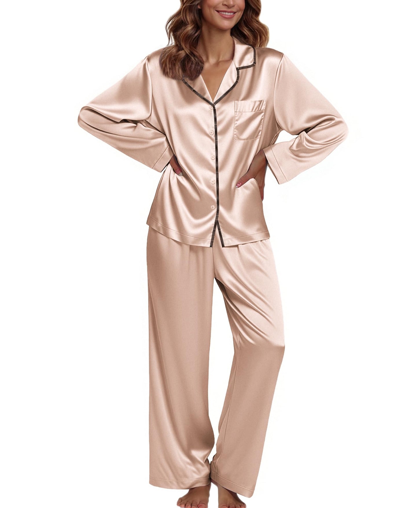 Ekouaer Pajamas For Women Set Silk Pjs 2 Piece Satin Sleepwear Long Sleeve Button Down Lounge Sets With Pant