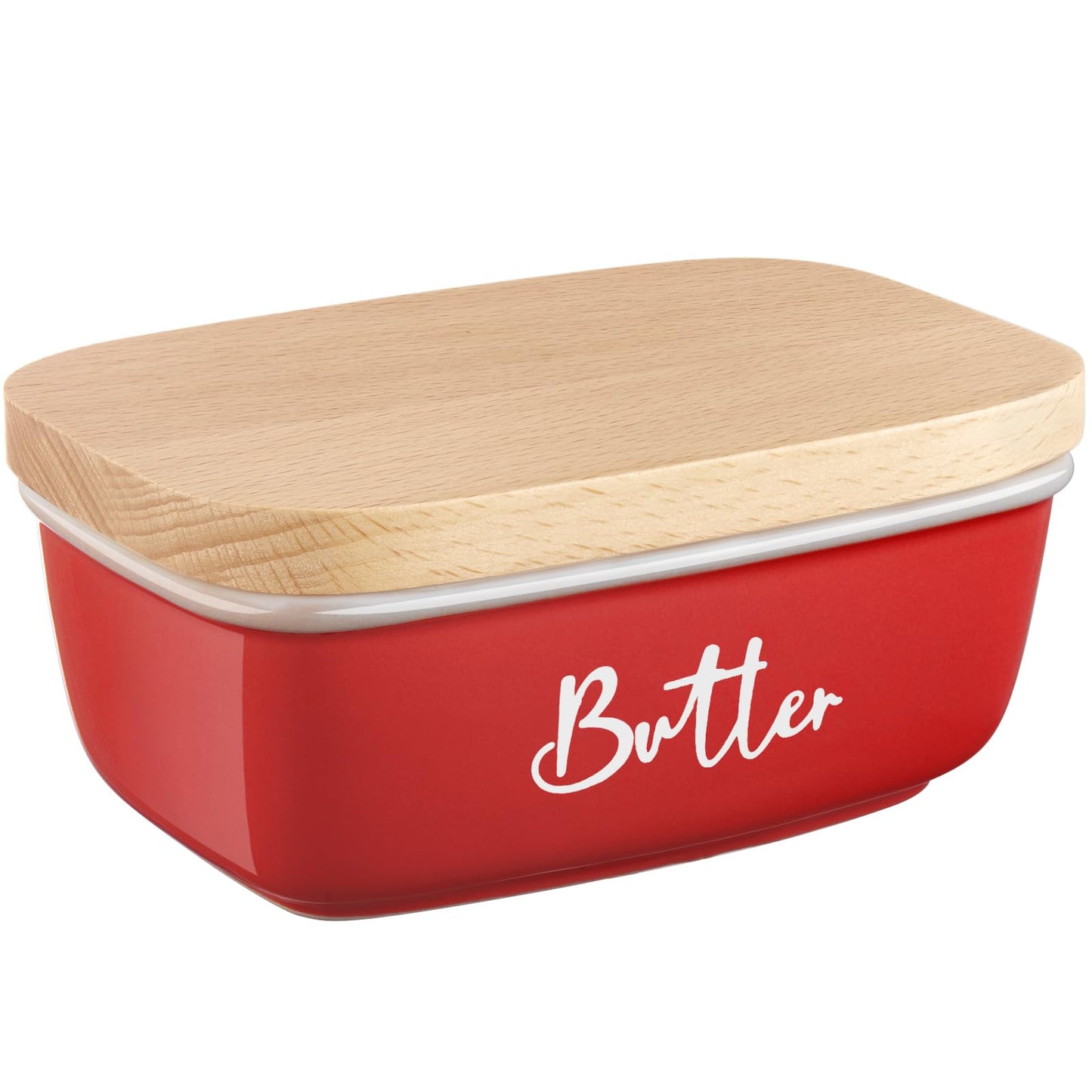 ALELION Red Butter Dish with Lid for Countertop, Ceramic Butter Container with Beech Wood Lid, Airtight Butter Keeper for Counter or Fridge, for Red Kitchen Decor and Accessories