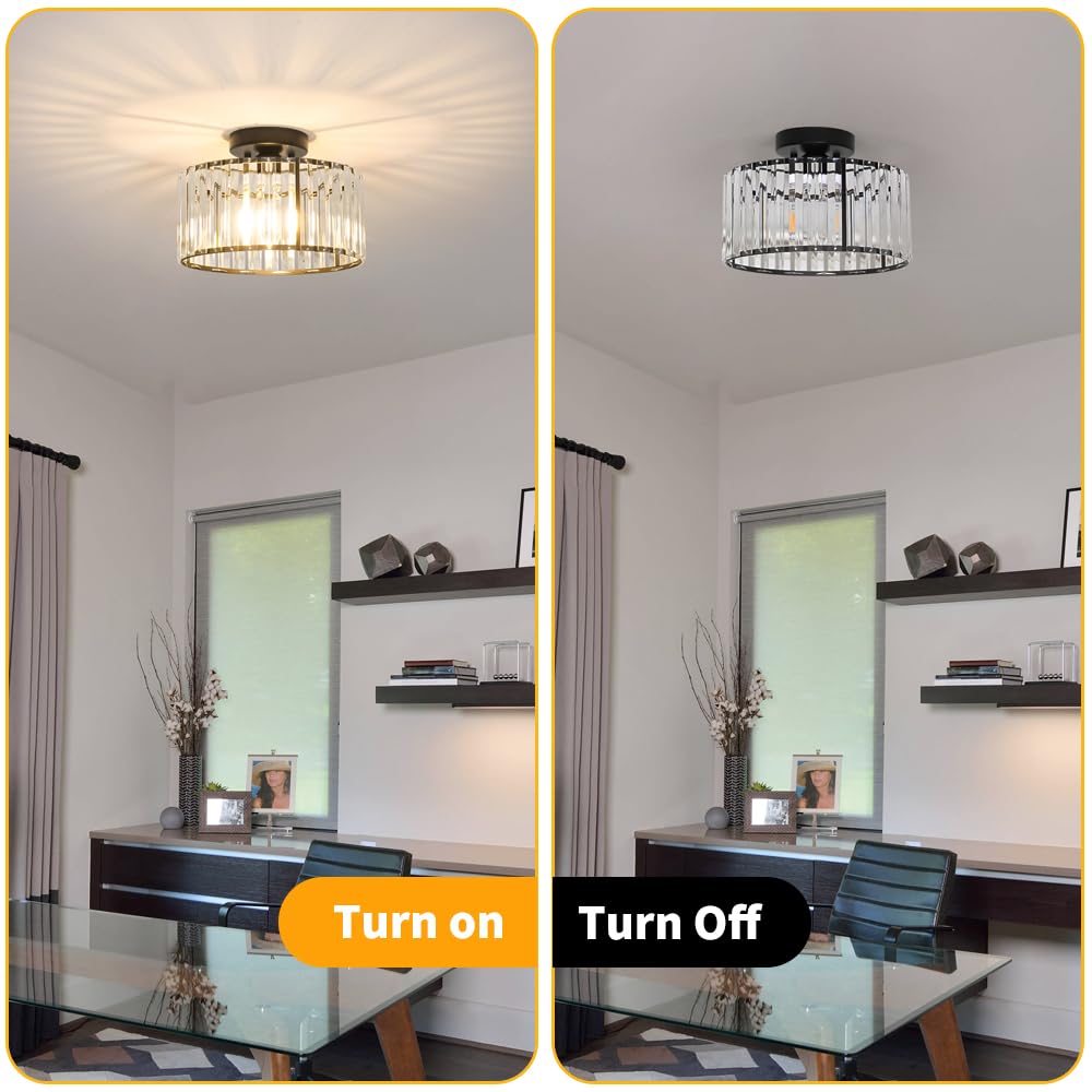 Crystal Ceiling Light Fixture, Modern Semi Flush Mount Ceiling Light, Black Close To Ceiling Light Fixtures, Crystal Chandelier Entryway Light, 11in Chandelier for Bedroom Porch Kitchen Living Room