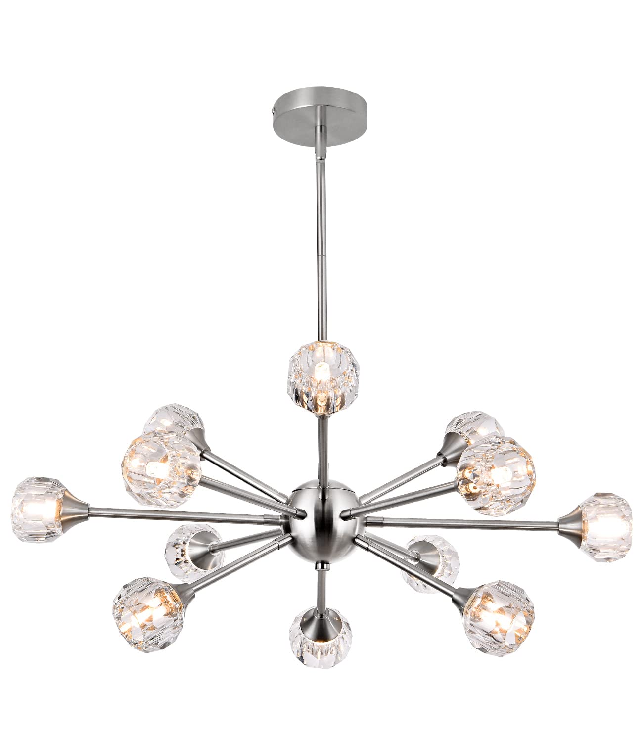 MKONOL Modern Sputnik Crystal Chandelier, 12-Light Brushed Nickel Firework Chandelier, Mid Century Dandelion Pendant Light Fixture for Dining Room, Living Room, Bedroom, G9 Base (Bulbs Not Included)