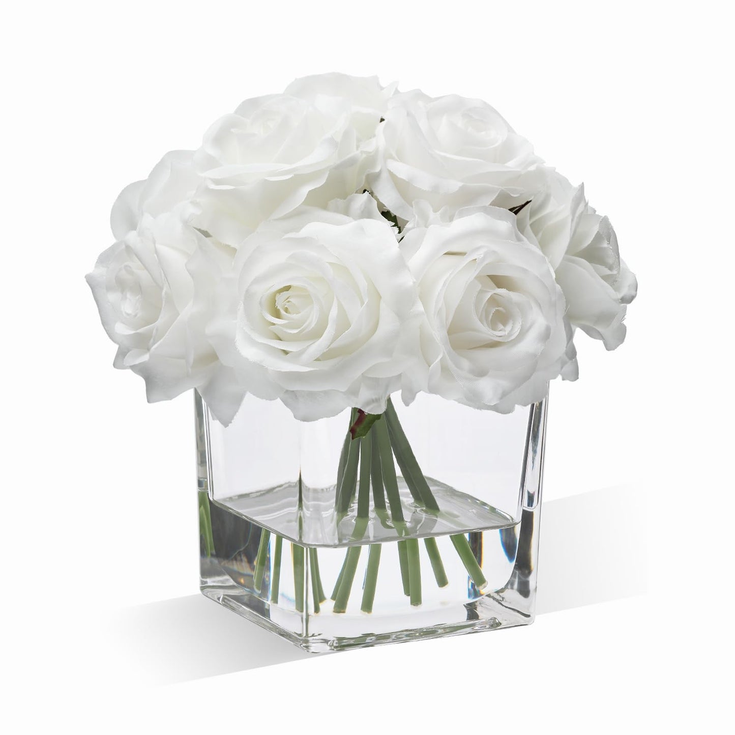 WELL KNOWN Rose Artificial Flowers in Vase with Faux Water, Ivory White Silk Rose Table Centerpieces for Home Coffee Table Decor, Fake Roses Flower Arrangements for Office Hotel Lavatory Decor