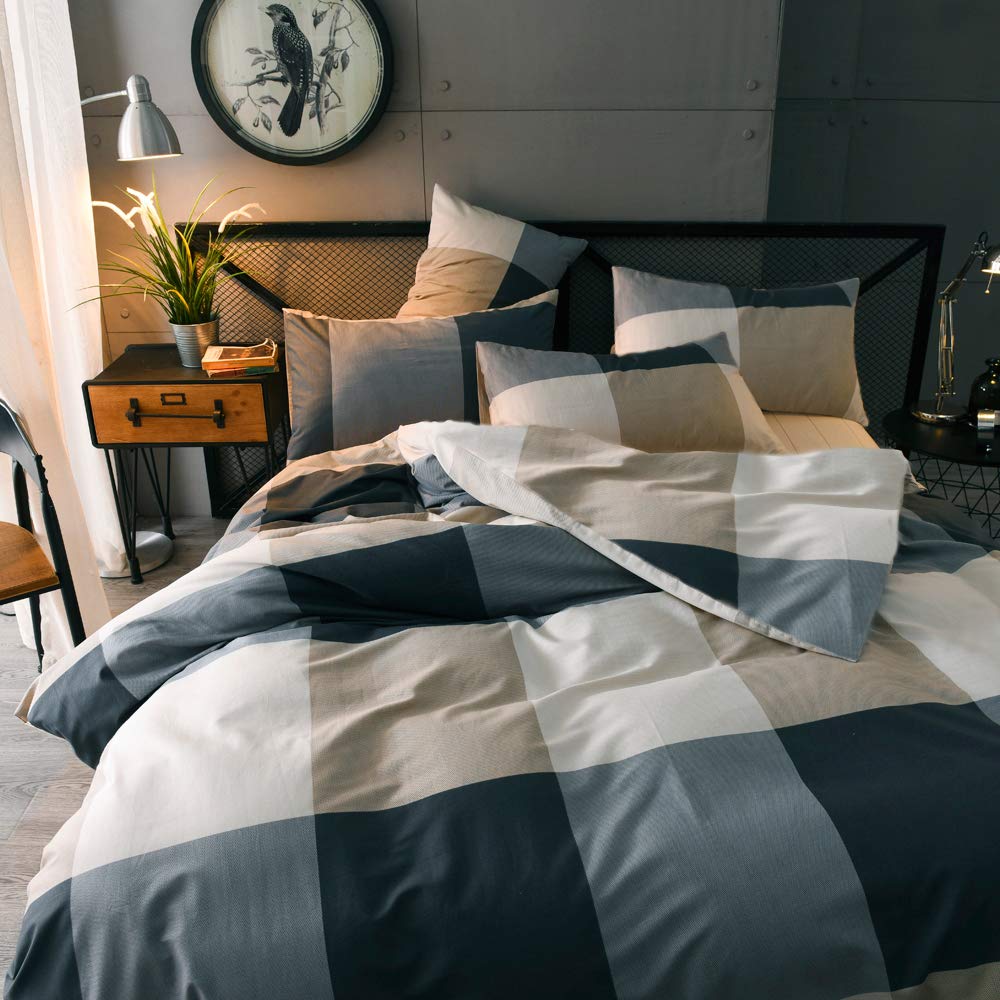 mixinni Queen Size Checkered Duvet Cover Set - 3 Piece Grey Geometric Cotton Bedding Set with Zipper Closure & Corner Ties, 100% Washed Cotton Soft Breathable Duvet Cover for Men, Women, Teens (Queen)
