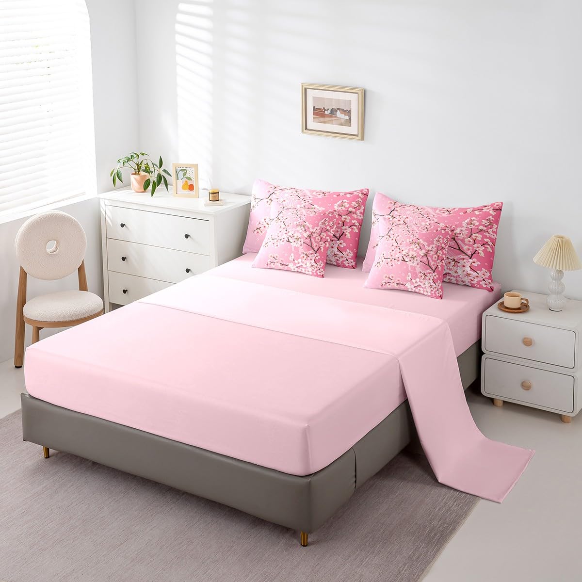 Erosebridal Japanese Sakura Bedding Set for Girls,Cherry Blossom Full Comforter Set 7 Piece Spring Cherry Pink Flower Tree Bed in A Bag Pink Dreamy Flowers Botanical Bed Set for Kids Teen Adults