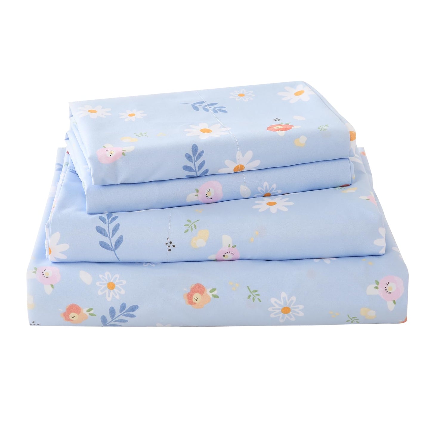 Yibeizi Blue Floral Sheet Set for Girls Twin, Kids Cute Daisy Print Bedsheets Microfiber Deep Pocket Flower Patterned Bed Sheet & Pillowcase Sets 3 Pieces