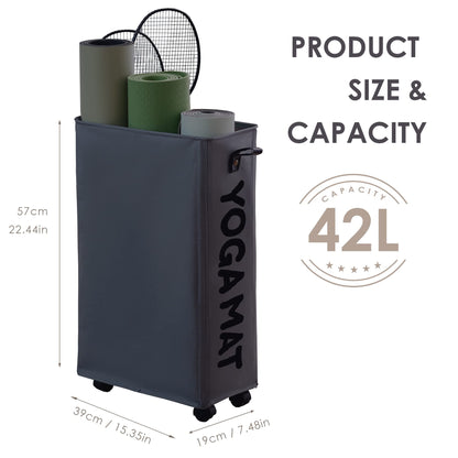 Caroeas 22 inches Yoga Mat Storage Basket, Large Yoga Mat Holder Accessories, Home Gym Equipment Storage Yoga Mats, Women Men Workout Equipment Organization with 4 Wheels, Dark Gray