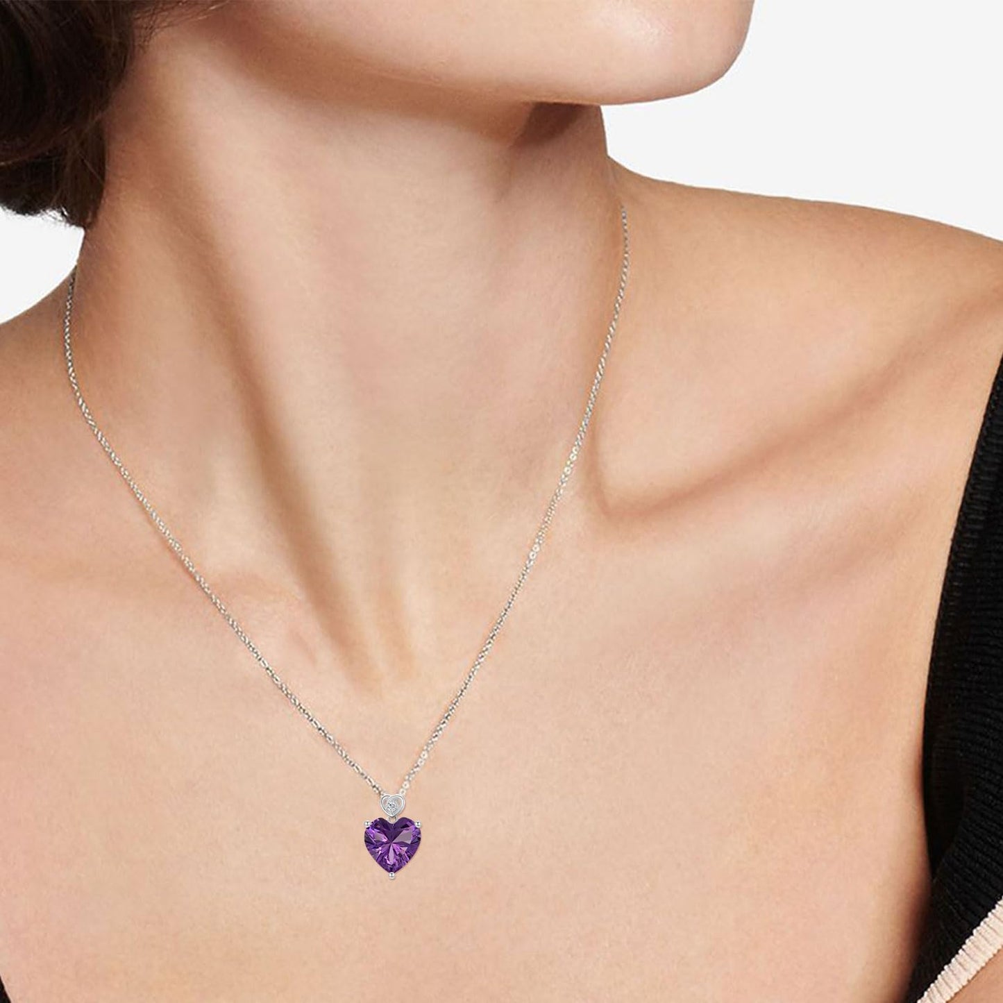 NFYBD 14k White Gold Love Heart Amethyst Birthstone Pendant Necklace for Women 3 Carat Heart-cut Created Gemstone Anniversary Birthday Mother's Day Necklaces for Her-feb