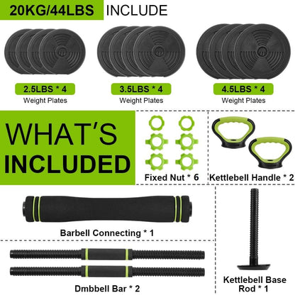 Adjustable Dumbbell Set, 44Lbs Free Weight Set with Connector, 4 In1 Dumbbells Set Used As Barbell, Kettlebells, Push Up Stand,Green and Black,Round
