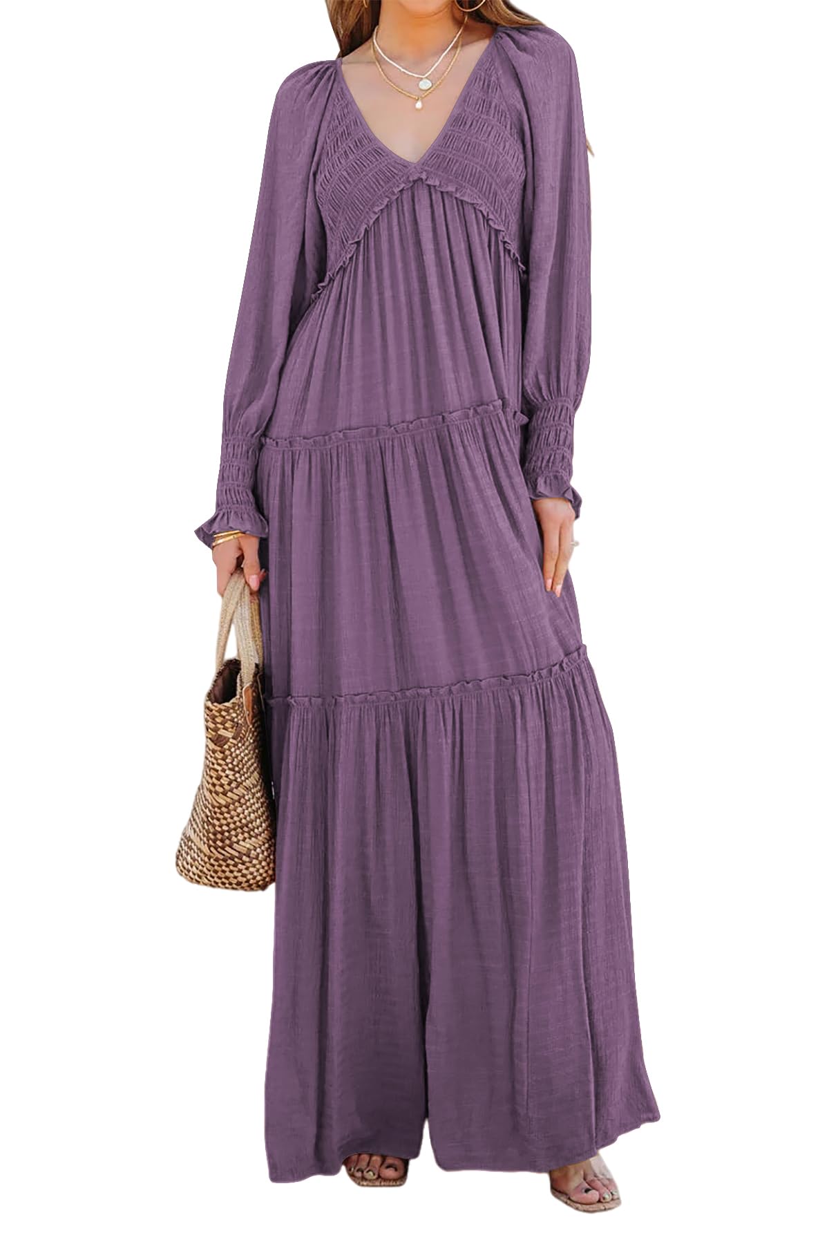 R.Vivimos Maxi Dress for Women Long Sleeve V Neck Empire Waist Layered Ruffle Boho Casual Flowy Long Dresses